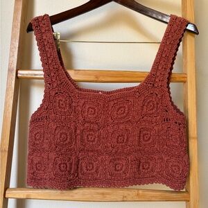 Cotton On Textured Crochet Crop Top - Brick Red